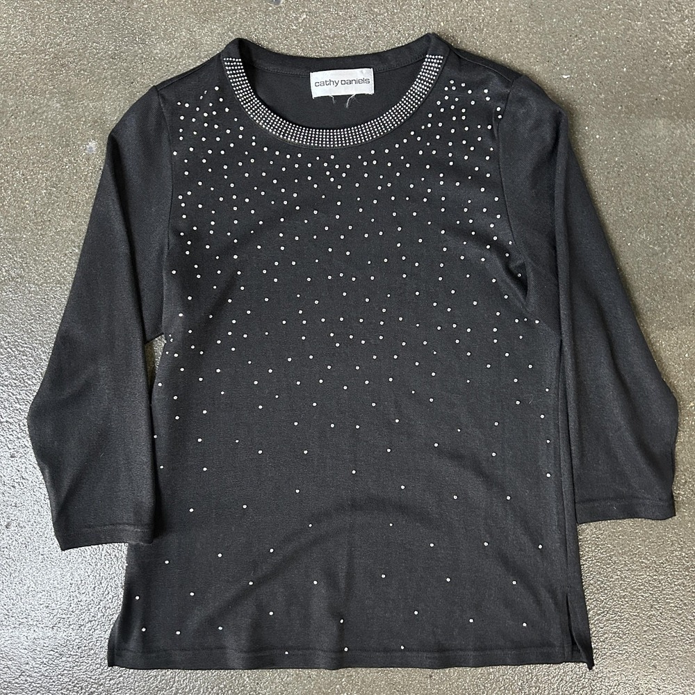 Cathy Daniels Shirt Womens Medium Black Rhinestone Polka Dot 3/4 Sleeve Jersey